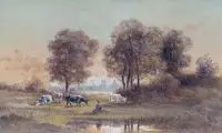 Charles-Boris de Jankowski, Pejzaż z pastuszką krów i Krakowem w tle, 1887, 1887, akwarela, gwasz, papier, 12