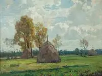Otto Paul Bredow, Pejzaż ze stogami siana, olej, płótno