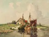 Rudolf Priebe, Łodzie przy brzegu, olej, płótno