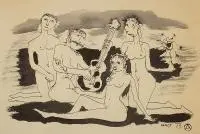 Otto Axer, Muzykowanie na plaży, 1973 r., 1973, tusz, papier