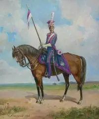 Edward Pierzynski, Ułan Księstwa Warszawskiego na koniu, 1992 r., 1992, olej, sklejka