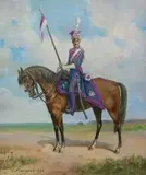 Edward Pierzynski, Ułan Księstwa Warszawskiego na koniu, 1992 r., 1992, olej, sklejka