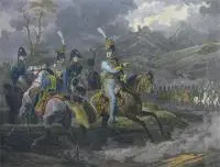 Książę Orleanu przyjmuje paradę huzarów by Jean Pierre Jazet, akwaforta, akwatinta barwiona, papier, sold Apr 2020
