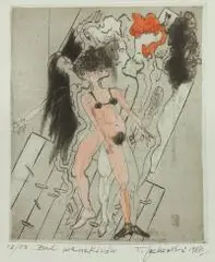 Tadeusz Jackowski, Bal manekinów, 1987 r., 1987, mezzotinta, ruletka, papier, 14
