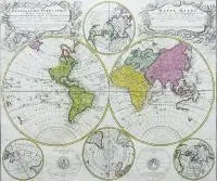 Spadkobiercy Homanna, Planiglobii Terrestris Mappa Universalis…/Mappe Monde…, Hemisferyczna mapa świata, Norymberga 1746 r. miedzioryt kolorowany