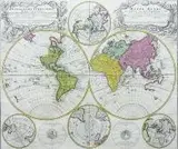 Spadkobiercy Homanna, Planiglobii Terrestris Mappa Universalis…/Mappe Monde…, Hemisferyczna mapa świata, Norymberga 1746 r. miedzioryt kolorowany