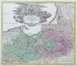 Johann Baptist Homann, Regnum Borussiae Gloriosis auspicÿs Serenissimi…, Mapa Królestwa Prus, wydana z okazji koronacji królewskiej Fryderyka I Pruskiego (Fryderyka III) w 1701 roku, Norymberga, przed 1715 miedzioryt kolorowany, 49