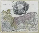 Johann Baptist Homann, Ducatus Pomeraniae novissima tabula in anteriorem et interiorem divisa…, Mapa Księstwa Pomorskiego, Norymberga, ok. 1720 miedzioryt kolorowany