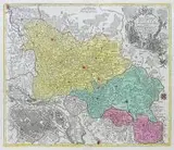 Tobias Lotter, Nova Mappa Geographica Totius Ducatus Silesiae…, Mapa Księstwa Śląskiego, u dołu po prawej plan Wrocławia, Augsburg 1758 miedzioryt kolorowany w epoce