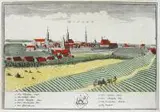 Friedrich Bernhard Werner, Wohlau, Panorama Wołowa, pochodząca z dzieła „Scenographia Urbium Silesiae”, Spadkobiercy Homanna, Norymberga 1737-1752 miedzioryt kolorowany w epoce, 18