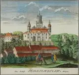 Friedrich Bernhard Werner, Das Schloß Fürstenstein v. Morgen, Widok zamku w Książu, rycina pochodząca z dzieła „Scenographia Urbium Silesiae”, Spadkobiercy Homanna, Norymberga 1737-1752 miedzioryt kolorowany w epoce, 15