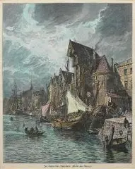 Gustav Schönleber, Im Hafen einer Hansastadt, Długie Pobrzeże w Gdańsku, ok. 1890 drzeworyt sztorcowy barwny, 21