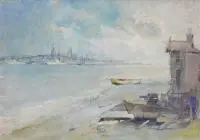 Marian Mokwa, Widok na Gdańsk, akwarela, papier, 25