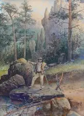 Charles-Boris de Jankowski, Góral na tle pejzażu tatrzańskiego, 1902 r., 1902, akwarela, papier, 28