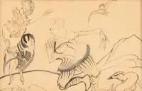 Stanisław Ignacy Witkiewicz, Wyznanie miłości Muleja Chekke księżniczce Feniksanie, 1922 r., 1922, Scena z "Księcia Niezłomnego" dramatu Pedra Calderóna de la Barki w swobodnym przekładzie Juliusza Słowackiego akwarela (czerwień wypłowiała), papier