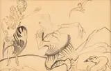 Stanisław Ignacy Witkiewicz, Wyznanie miłości Muleja Chekke księżniczce Feniksanie, 1922 r., 1922, Scena z "Księcia Niezłomnego" dramatu Pedra Calderóna de la Barki w swobodnym przekładzie Juliusza Słowackiego akwarela (czerwień wypłowiała), papier
