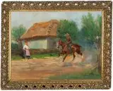 Jerzy Kossak, Ułan z dziewczyną, 1938 r., 1938, olej, sklejka