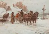 Para obrazów: Sanie we wsi, Sanie w lesie by Władysław Chmieliński, olej, tektura, sold Feb 2020