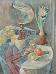 Jan Hrynkowski, Martwa natura z hiacyntem i rybką, 1939 r., 1939, olej, plótno