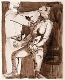 Jankel Adler, Scena z dwoma postaciami, tusz lawowany, papier