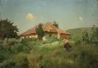Eugeniusz Wrzeszcz, Dziewczyna przed chatą, olej, płótno