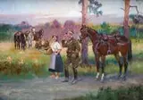 Spotkanie na drodze by Jerzy Kossak, olej, tektura, sold Nov 2019