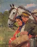 Zaloty, 1929 r. by Jerzy Kossak, 1929, olej, płótno naklejone na tekturę, sold Nov 2019