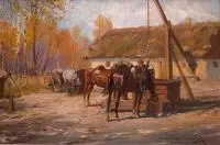 Leonard Winterowski, Ułani przy studni, 1925 r., 1925, olej, tektura