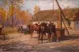 Leonard Winterowski, Ułani przy studni, 1925 r., 1925, olej, tektura