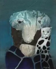 Portret z kotkiem, 1983 r. by Stasys Eidrigevičius, 1983, gwasz, papier, sold Nov 2019
