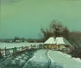 Wiktor Korecki, Pejzaż zimowy z chatami, olej, płótno