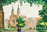 Jan Mucharski, Warszawa, ul. Długa , Kościół Garnizonowy, 1967 r., 1967, akwarela, papier