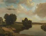 Nad rzeką, 1990 r. by Krzysztof Kręciasz, 1990, olej, płyta, sold Oct 2019