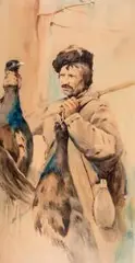 Julian Fałat, Myśliwy z głuszcami, ok. 1891 r., 1891, akwarela, papier