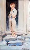 Jan Kazimierz Olpiński, Portret chłopca, 1925 r., 1925, akwarela, ołówek, papier naklejony na tekturę