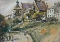 Ulica Podwale i klasztor Dominikanów w Lublinie by Marian Puchalski, akwarela, papier, sold Sep 2019