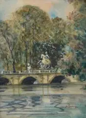 Pomnik Jana III Sobieskiego w Łazienkach by Marian Puchalski, akwarela, papier, 13, sold Sep 2019