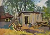Anna Maślakiewicz-Brzozowska, Stara drewutnia, 1975 r., 1975, gwasz, papier