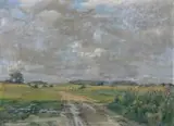 Albrecht Biedermann, Pejzaż z kłębiastymi chmurami, tempera, karton