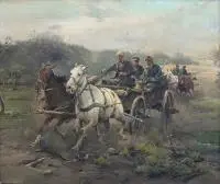 Jan Konarski, W galopie, olej, płótno