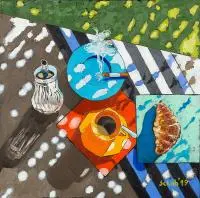 Dawid Schab, Kawa, croissant i papieros, 2019, 2019, olej, płótno