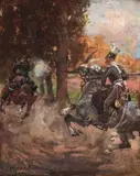 Scena batalistyczna by Wojciech Kossak, olej, deska, sold Aug 2019