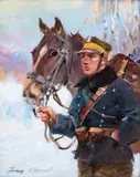 Ułan z koniem by Jerzy Kossak, olej, tektura, 23, sold Aug 2019
