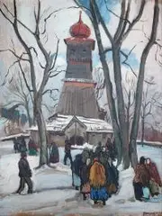 Stanisław Borysowski, Przed kościołem, olej, płyta, 78