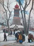 Stanisław Borysowski, Przed kościołem, olej, płyta, 78