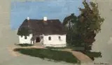 Stanisław Witkiewicz, Studium pejzażowe z chatą i drzewami, l. 70.–80.XIX w., olej, papier dublowany na płótnie