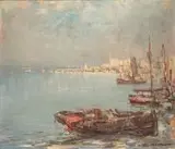 W porcie by Marian Mokwa, olej, płótno, sold Aug 2019