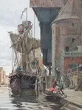 Harry Schultz, Rozładunek w Gdańsku, kredka, ołówek, akwarela, papier