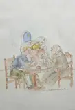 Maja Berezowska, Przy stole, akwarela, tusz, papier