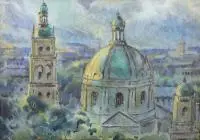 Adam Batycki, Panorama Lwowa (Widok na kościół Dominikanów), akwarela, papier